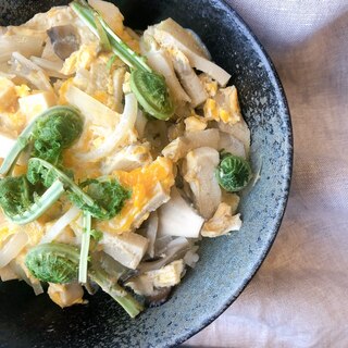 ＼調味料は③つ!!!こごみと高野豆腐の卵とじ丼♡／